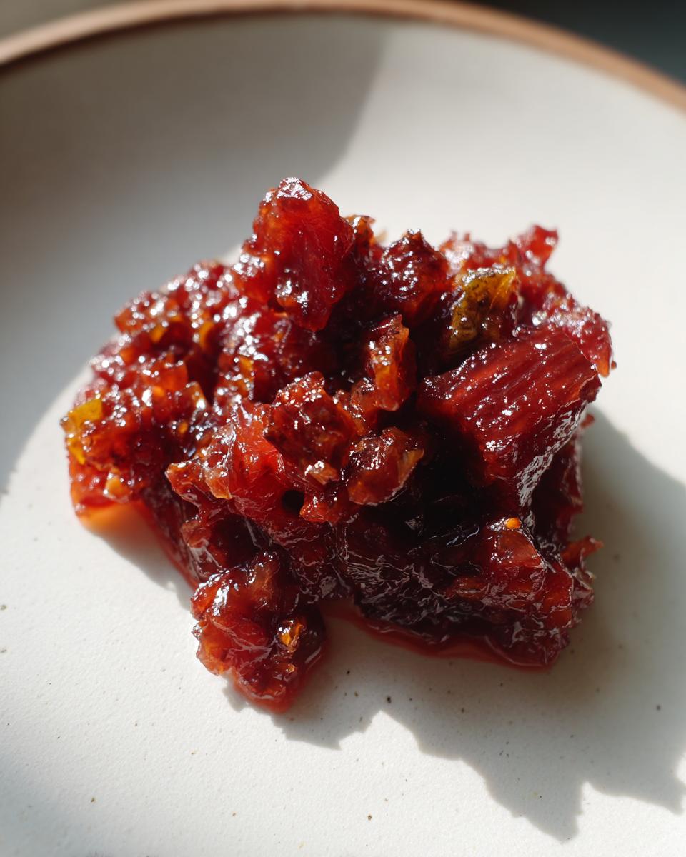 A small dollop of rich, dark red Savory Rhubarb Chutney with Dates on a light-colored plate.