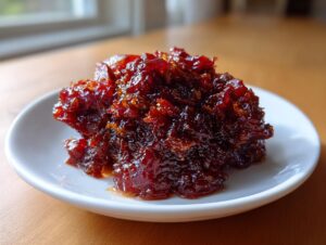 A glistening mound of dark red Savory Rhubarb Chutney with Dates served on a small white dish.