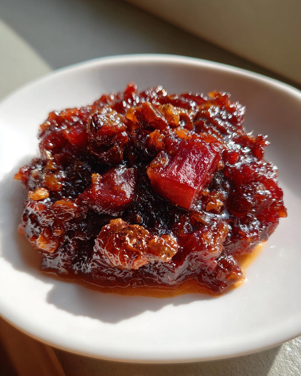 A close-up shot of rich, dark red Savory Rhubarb Chutney with Dates piled on a white plate.