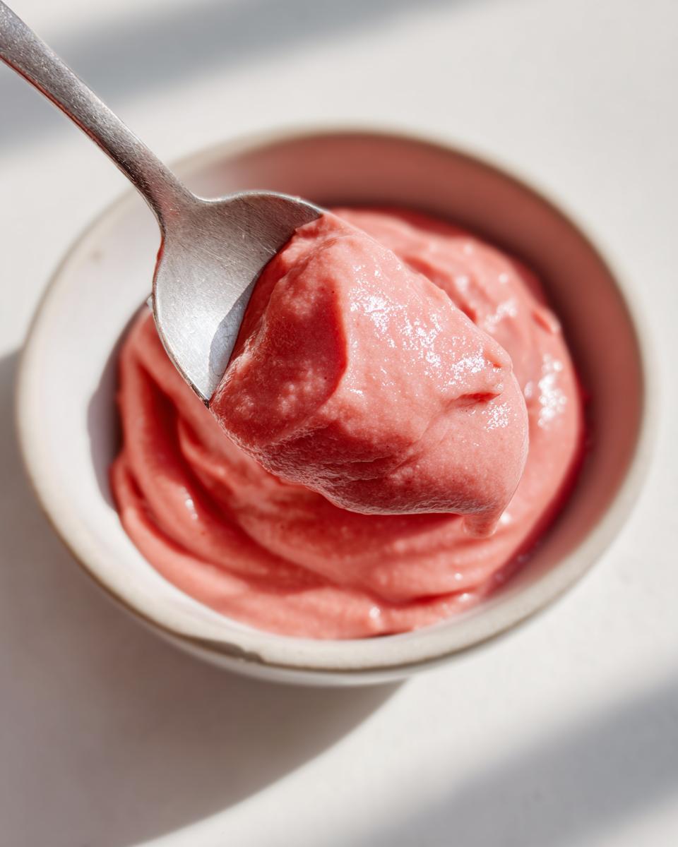 A spoonful of smooth, pink Cinnamon Rhubarb Butter being lifted from a small white bowl.