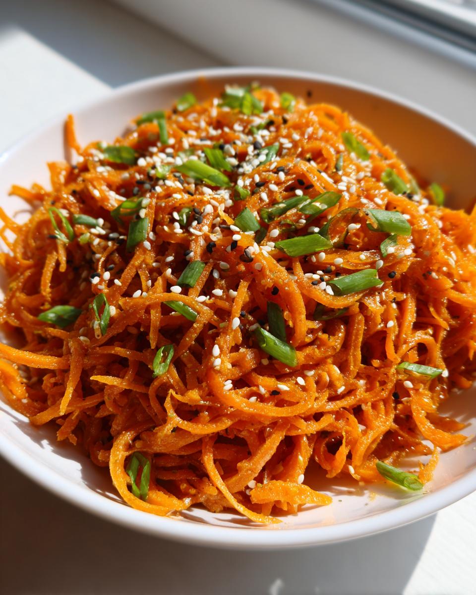 Close-up of a bowl filled with vibrant orange shredded raw carrot salad, topped with green onions and sesame seeds.