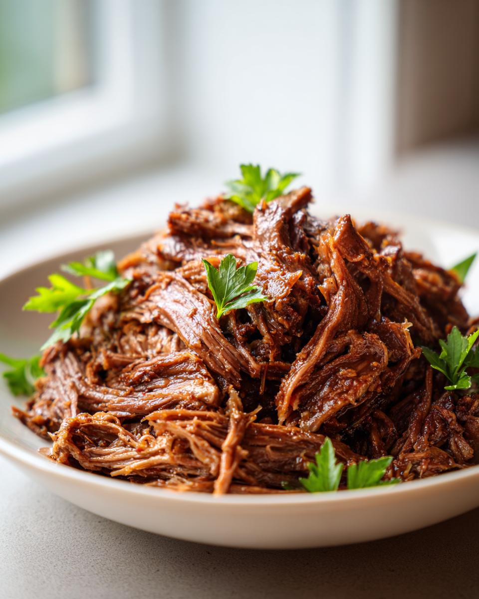 Close-up of tender, shredded slow cooker garlic butter beef garnished with fresh parsley leaves.