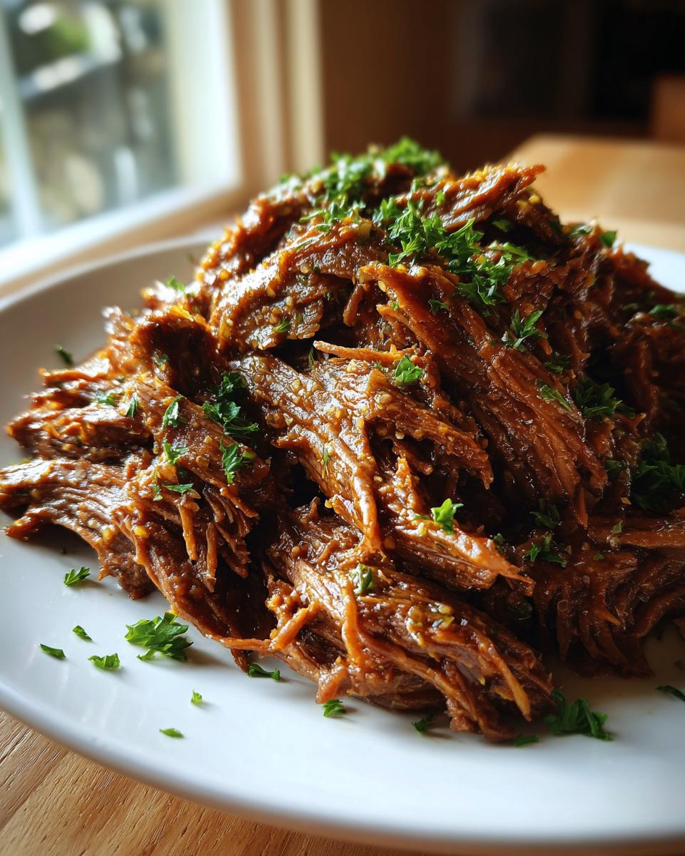 A close-up of tender, shredded slow cooker garlic butter beef piled high on a white plate and garnished with fresh parsley.