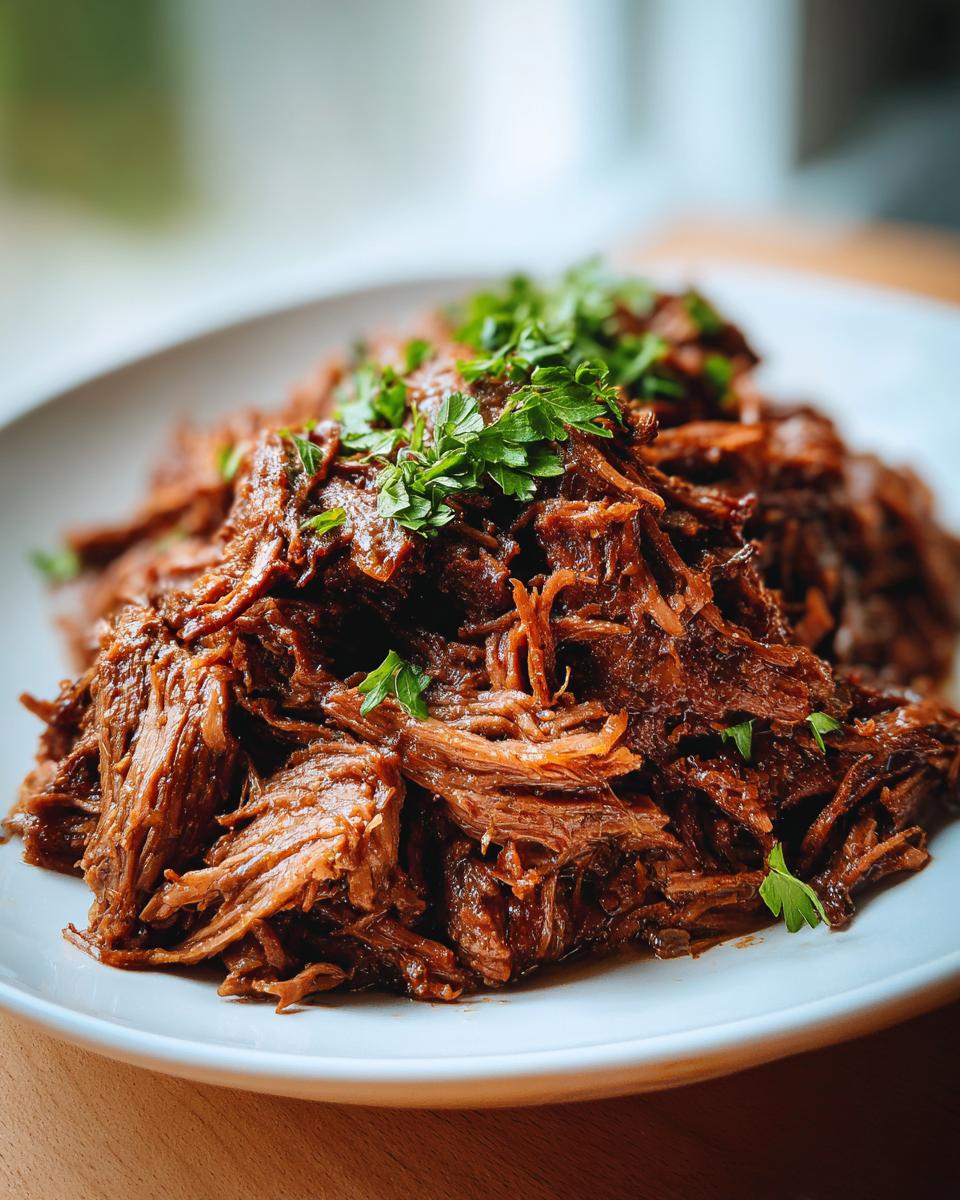 A close-up of tender, shredded slow cooker garlic butter beef piled high on a white plate and garnished with fresh parsley.