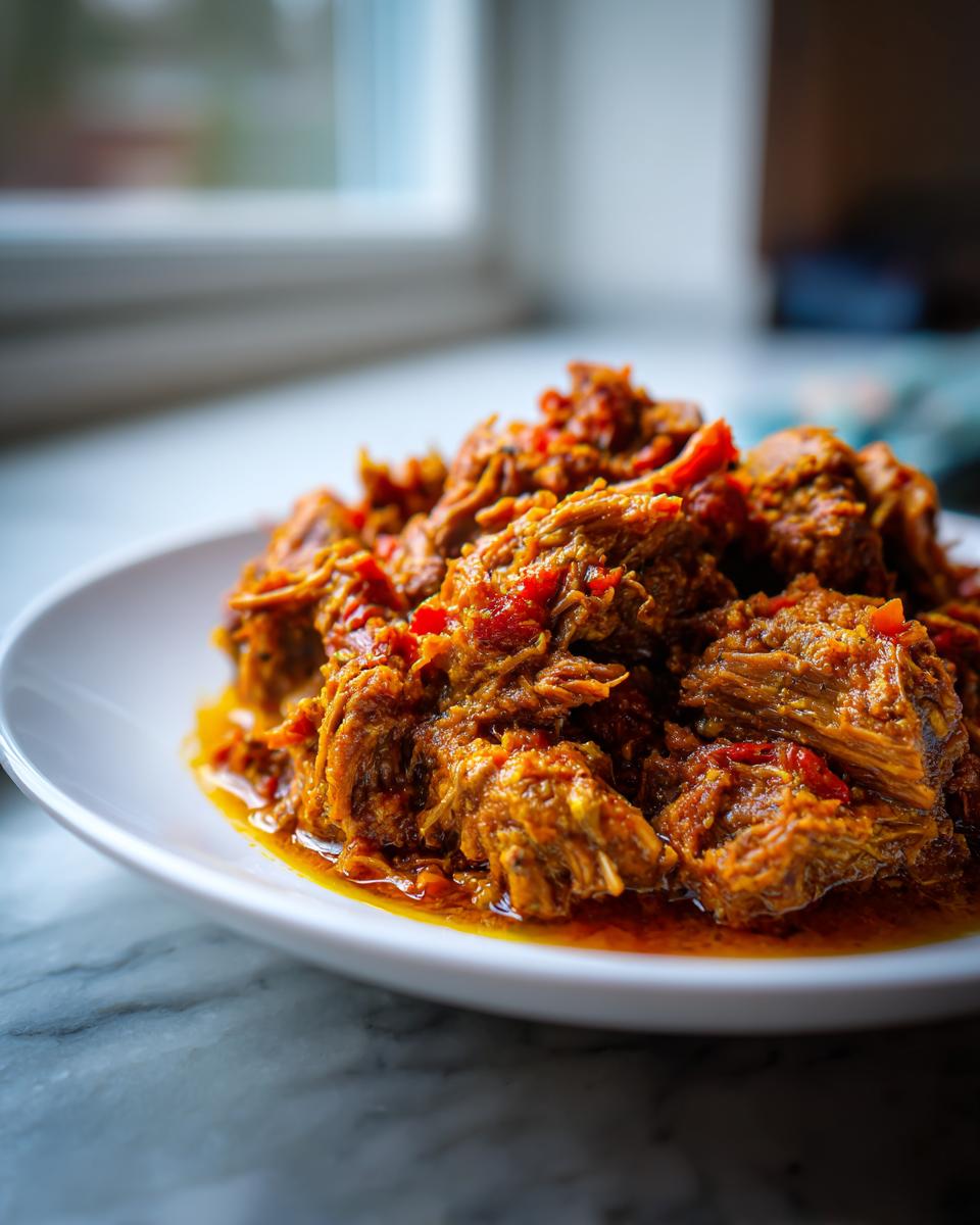 Close-up of tender, shredded meat in a rich, orange-red sauce, representing the slow cooker lamb curry.