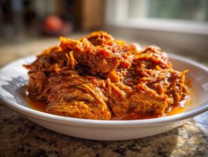 Close-up of tender, shredded lamb curry with rich orange sauce served in a white bowl.