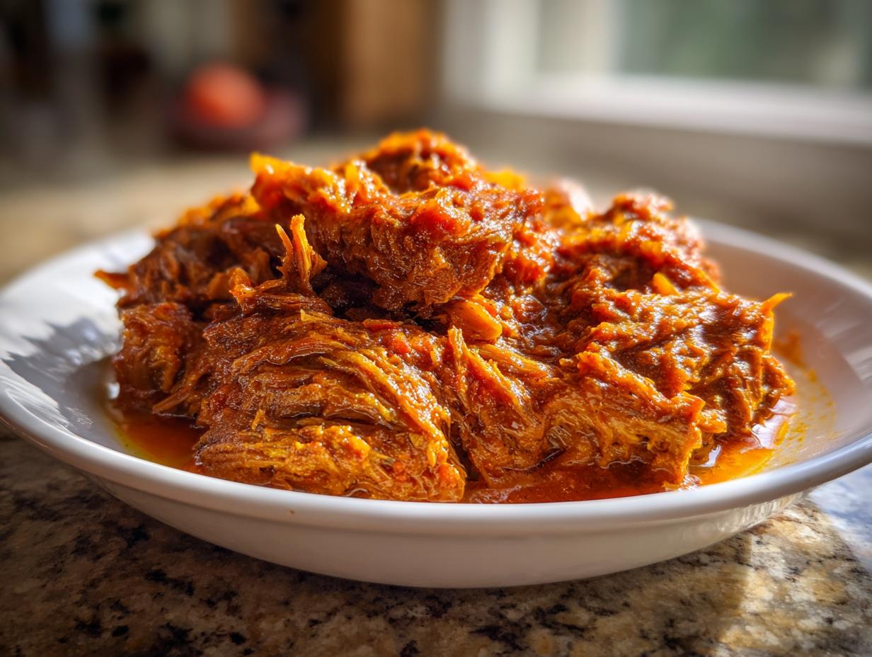 Close-up of tender, shredded lamb curry with rich orange sauce served in a white bowl.
