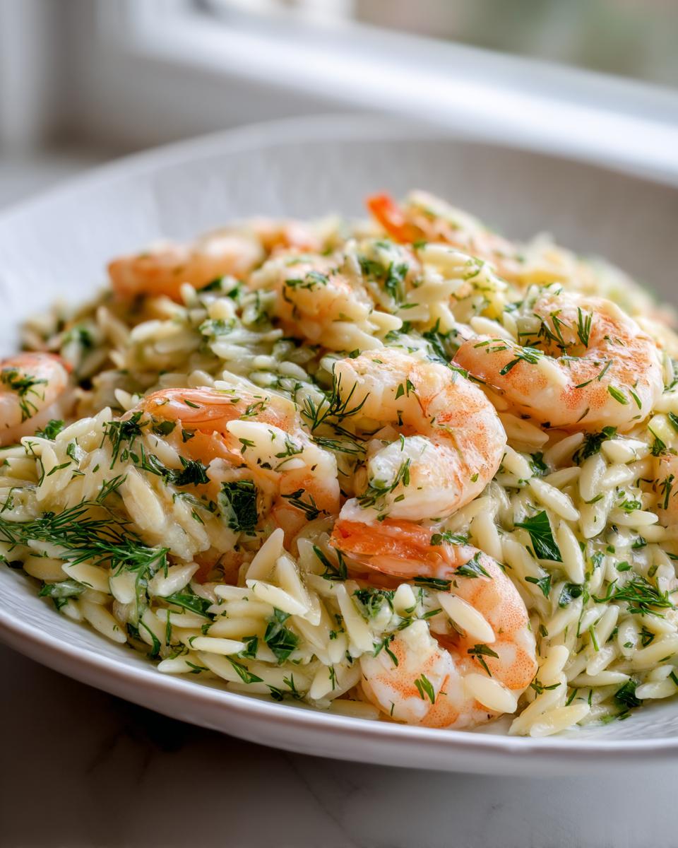 A close-up of a white bowl filled with creamy shrimp orzo salad, featuring plump pink shrimp and fresh green dill.