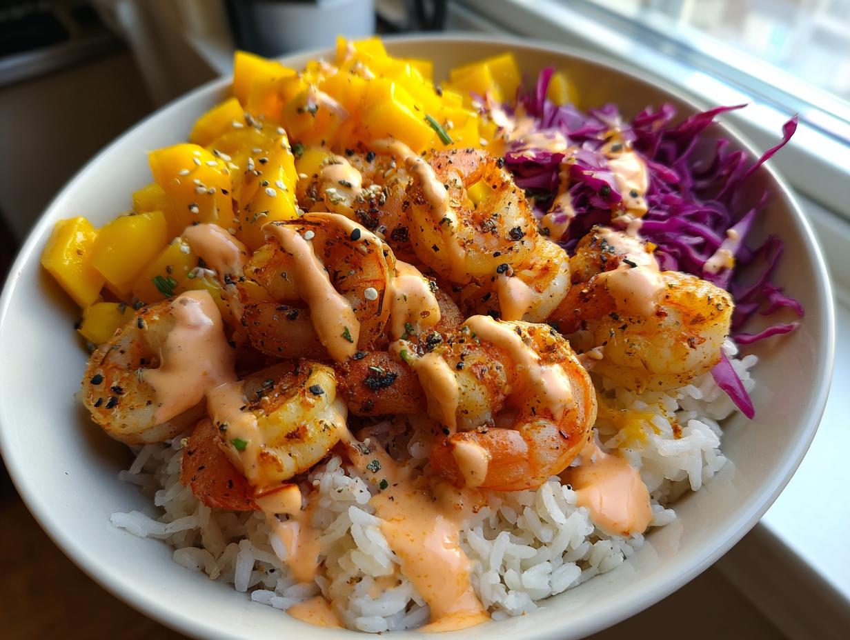 Close-up of vibrant shrimp rice bowls featuring seasoned shrimp, white rice, diced mango, red cabbage, and a drizzle of spicy sauce.