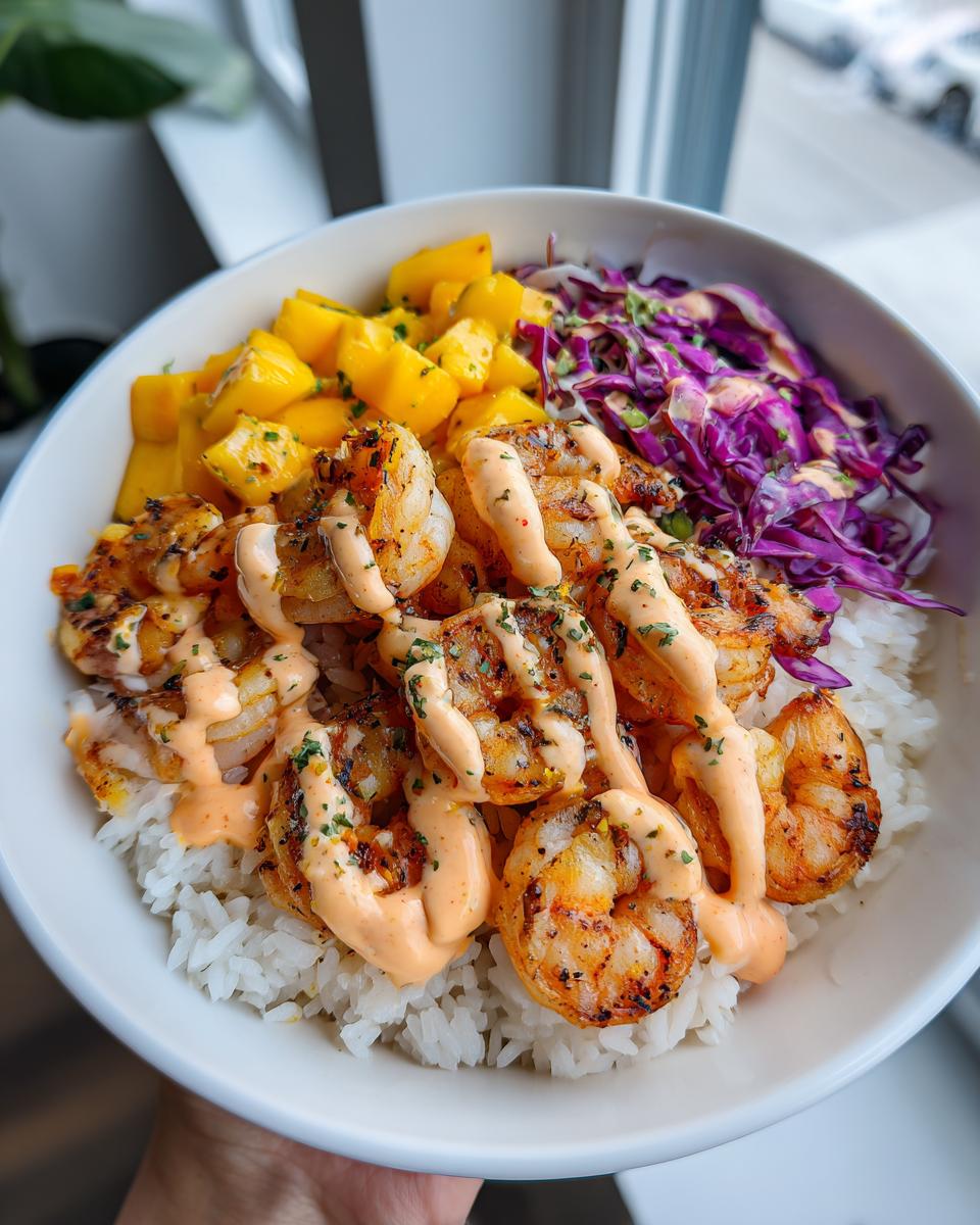 A close-up view of vibrant shrimp rice bowls featuring seasoned shrimp, white rice, diced mango, and purple cabbage slaw.