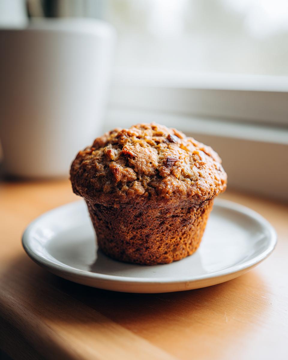 A single, richly browned morning glory muffin sitting on a small white plate near a bright window.