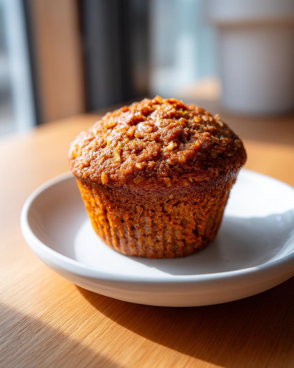 A single, richly colored morning glory muffin sitting on a small white plate, highlighted by natural sunlight.