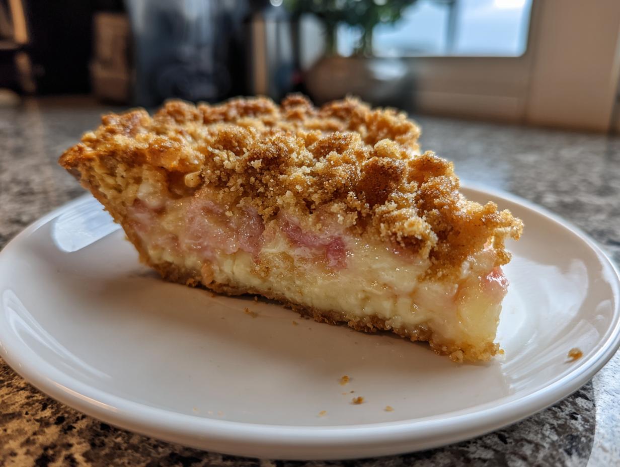 Close-up of a slice of Amish Rhubarb Sour Cream Pie featuring a creamy filling and thick, golden brown crumb topping.