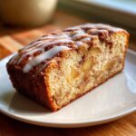 Close-up of a slice of moist apple bread loaded with cinnamon apples and topped with white icing drizzle.