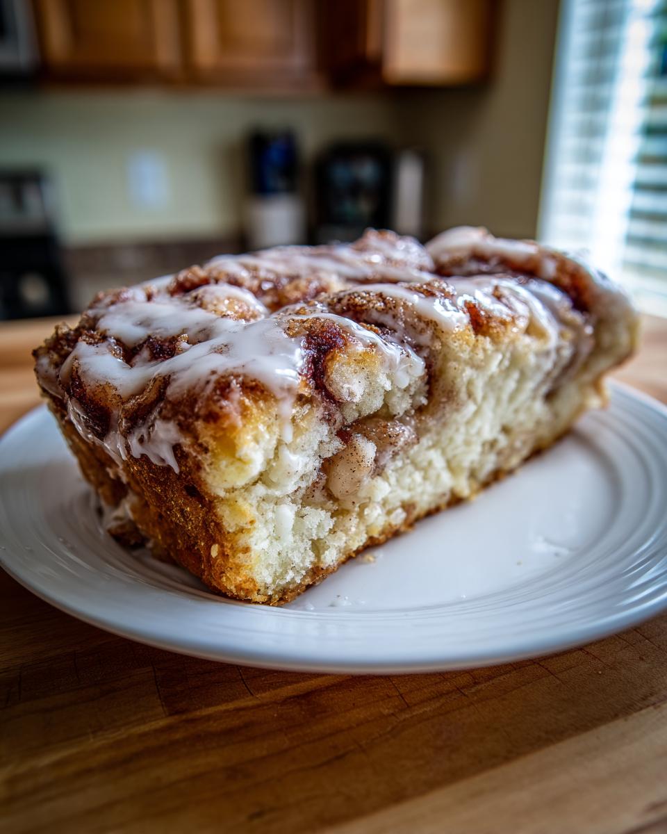A close-up of a moist slice of apple bread with cinnamon swirl and white icing, served on a white plate.