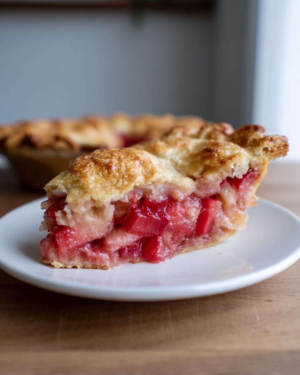 Close-up of a thick slice of Grandma's Rhubarb Pie with Lard Crust showing bright red filling and flaky top crust.