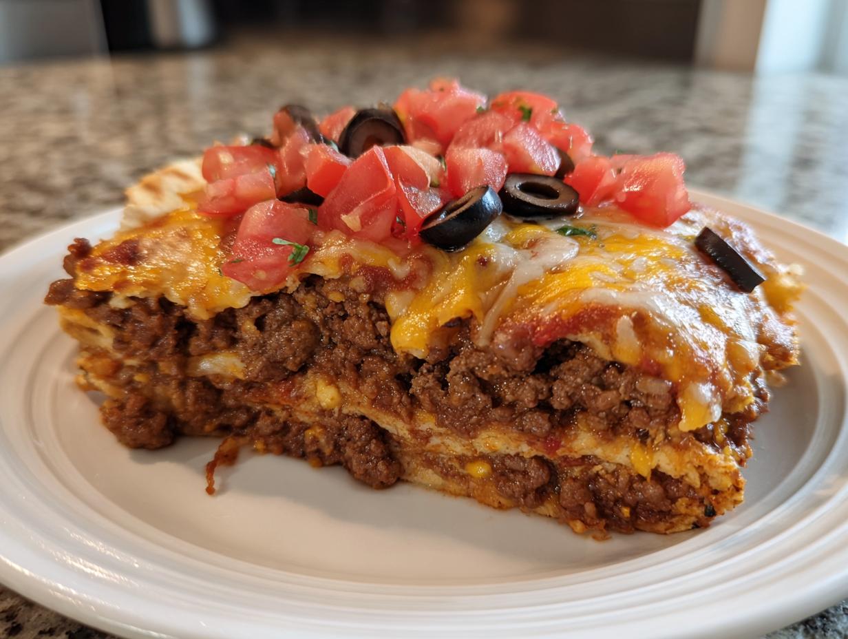 Close-up of a thick slice of mexican pizza showing layers of seasoned ground beef, melted cheese, and topped with diced tomatoes and black olives.