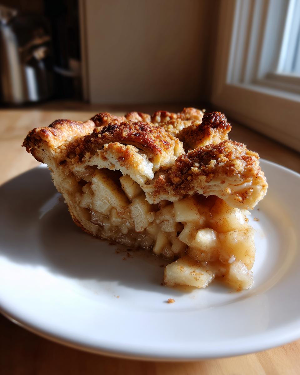 Close-up of a slice of homemade apple pie showing chunky filling and a golden, crumbly topping.