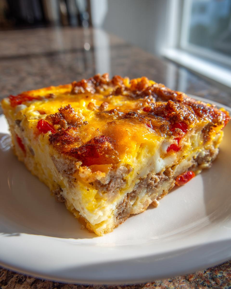 A square slice of savory breakfast casserole featuring sausage, eggs, cheese, and red peppers on a white plate.