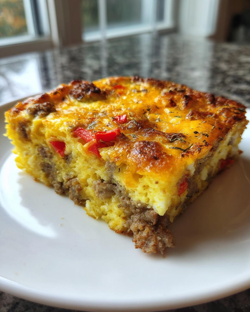 Close-up of a square slice of savory breakfast casserole with sausage, eggs, cheese, and red peppers.