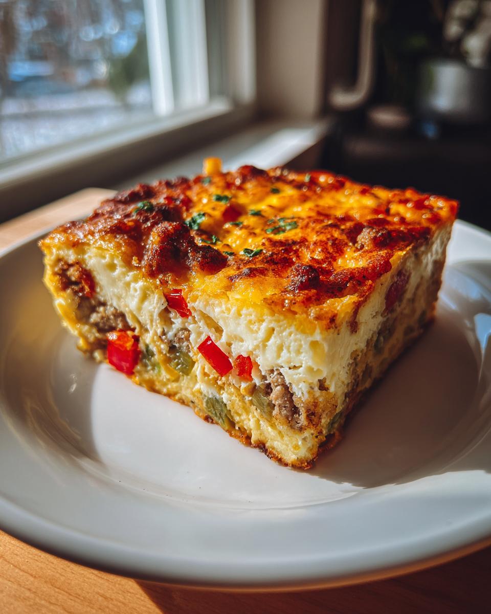 A square slice of baked breakfast casserole with browned cheese topping, eggs, sausage, and peppers on a white plate.