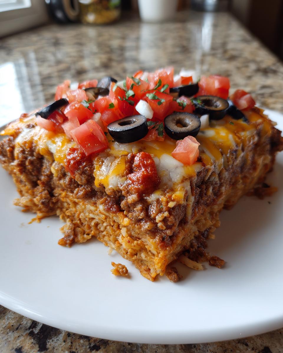 A thick slice of layered mexican pizza casserole topped with melted cheese, diced tomatoes, onions, and black olives.