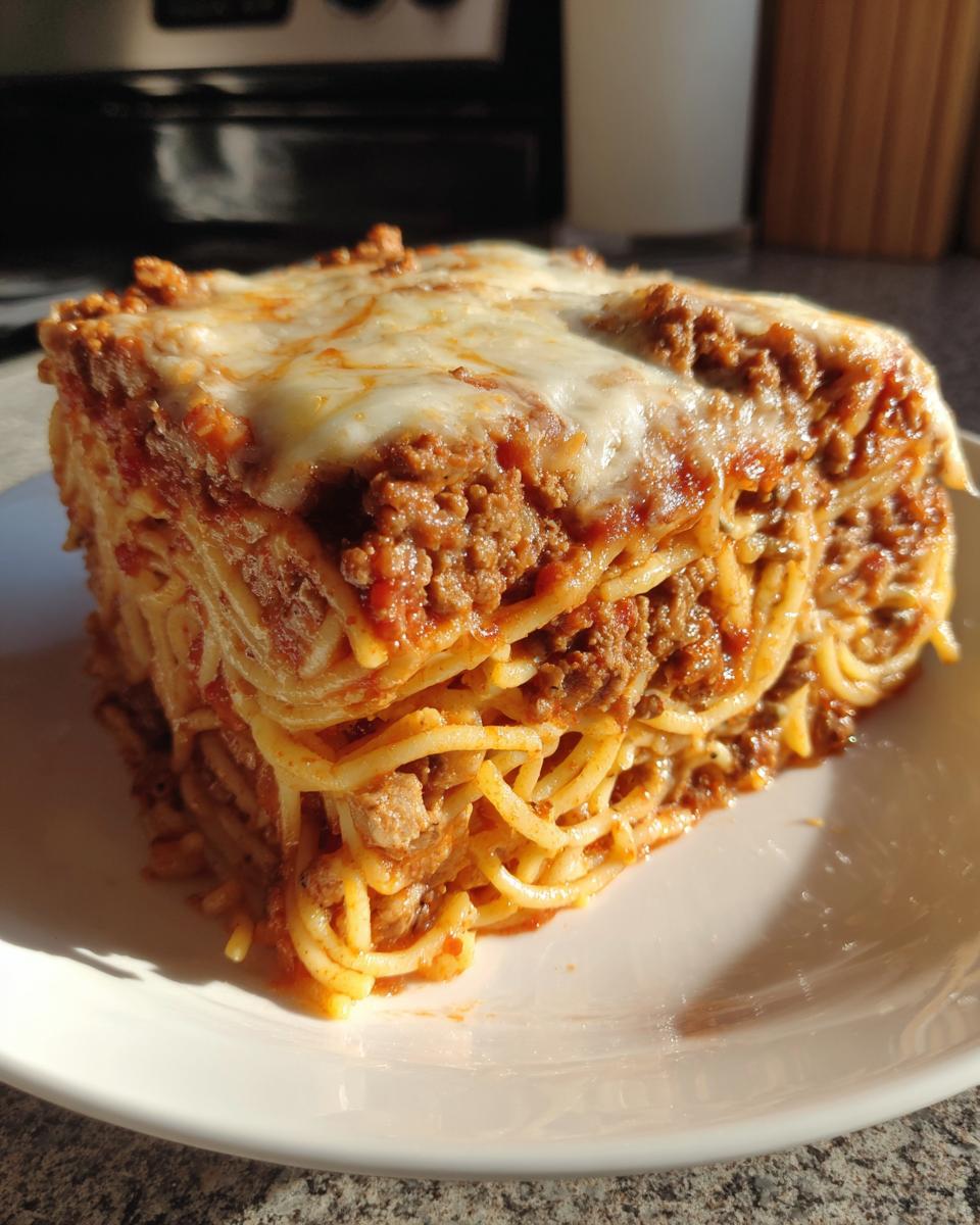A thick, layered slice of spaghetti pie with meat sauce and melted mozzarella cheese on a white plate.