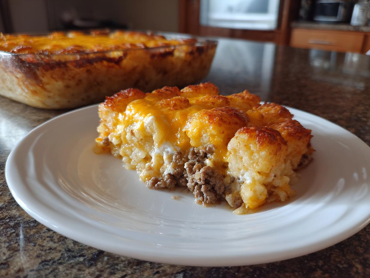 A slice of baked tater tot casserole with ground meat and melted cheddar cheese on a white plate.