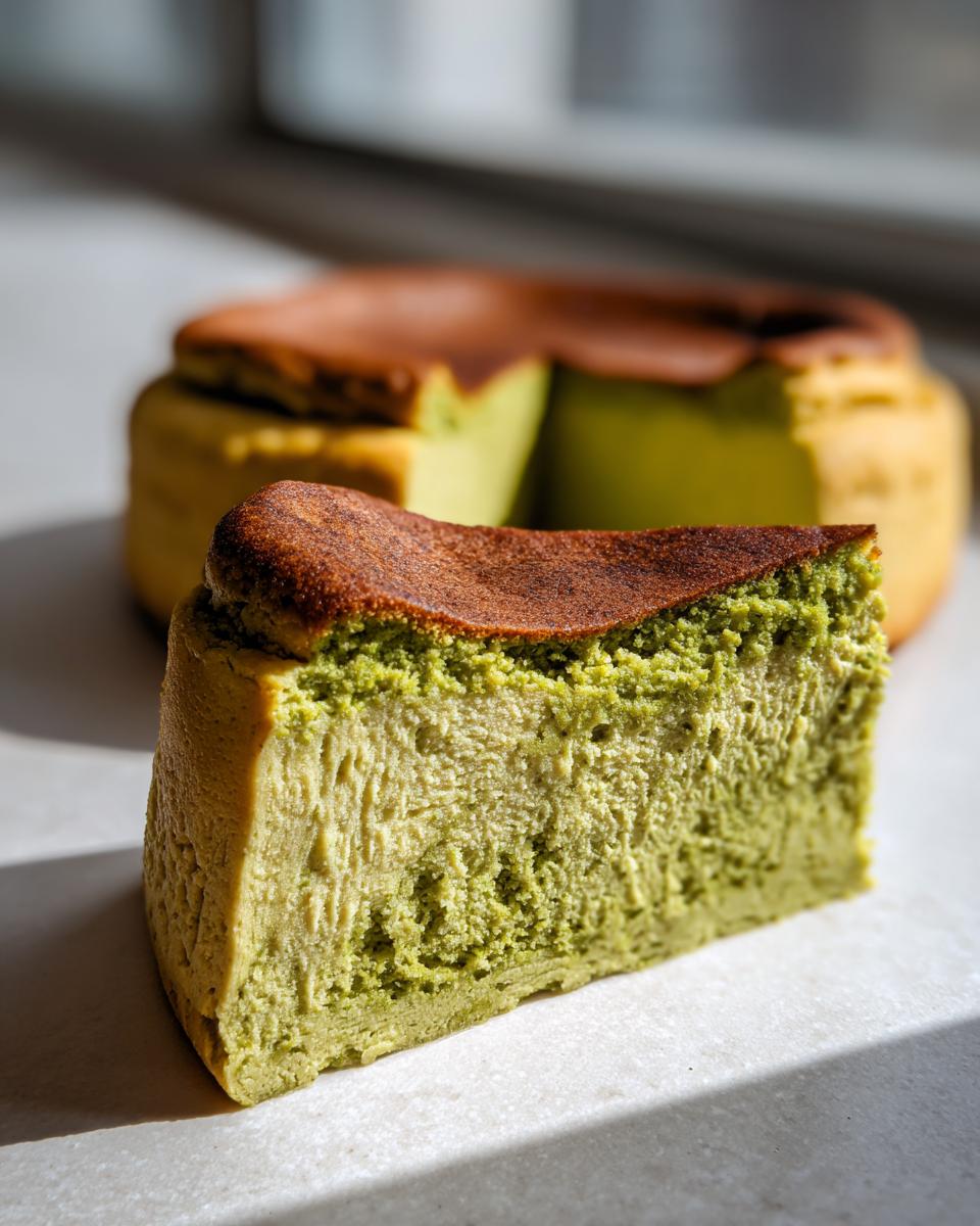 Close-up of a slice of creamy, green pistachio cheesecake featuring a deeply caramelized, burnt top crust.