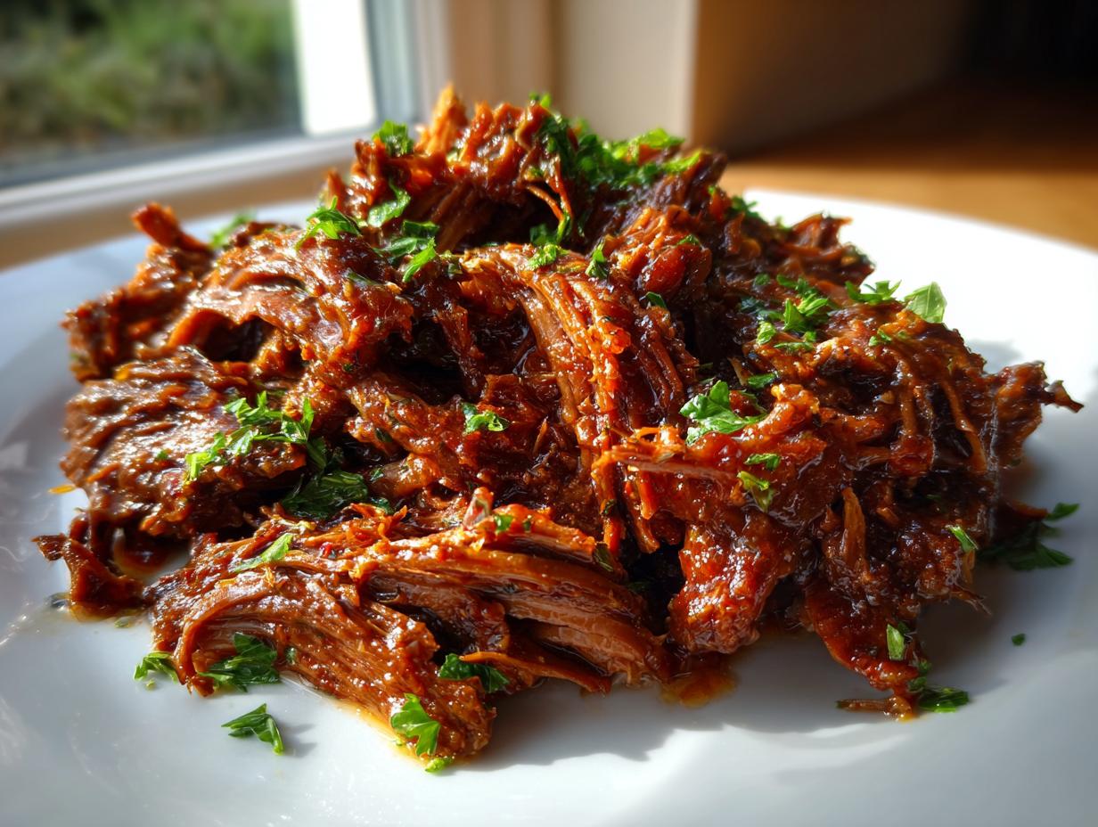 A close-up of shredded slow cooker garlic butter beef, rich brown in color and garnished with fresh parsley.