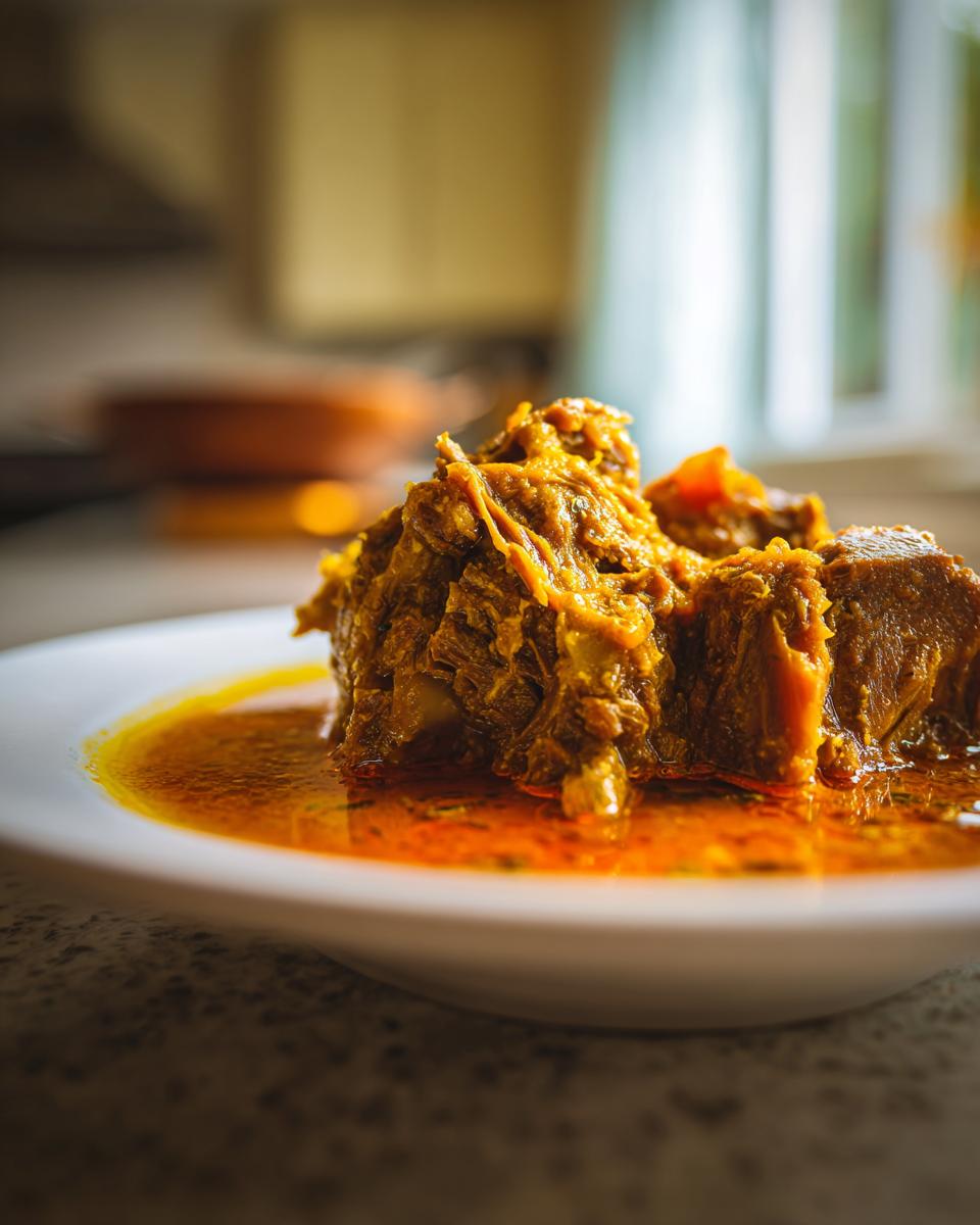 Close-up of tender, rich slow cooker lamb curry pieces swimming in vibrant orange sauce on a white plate.