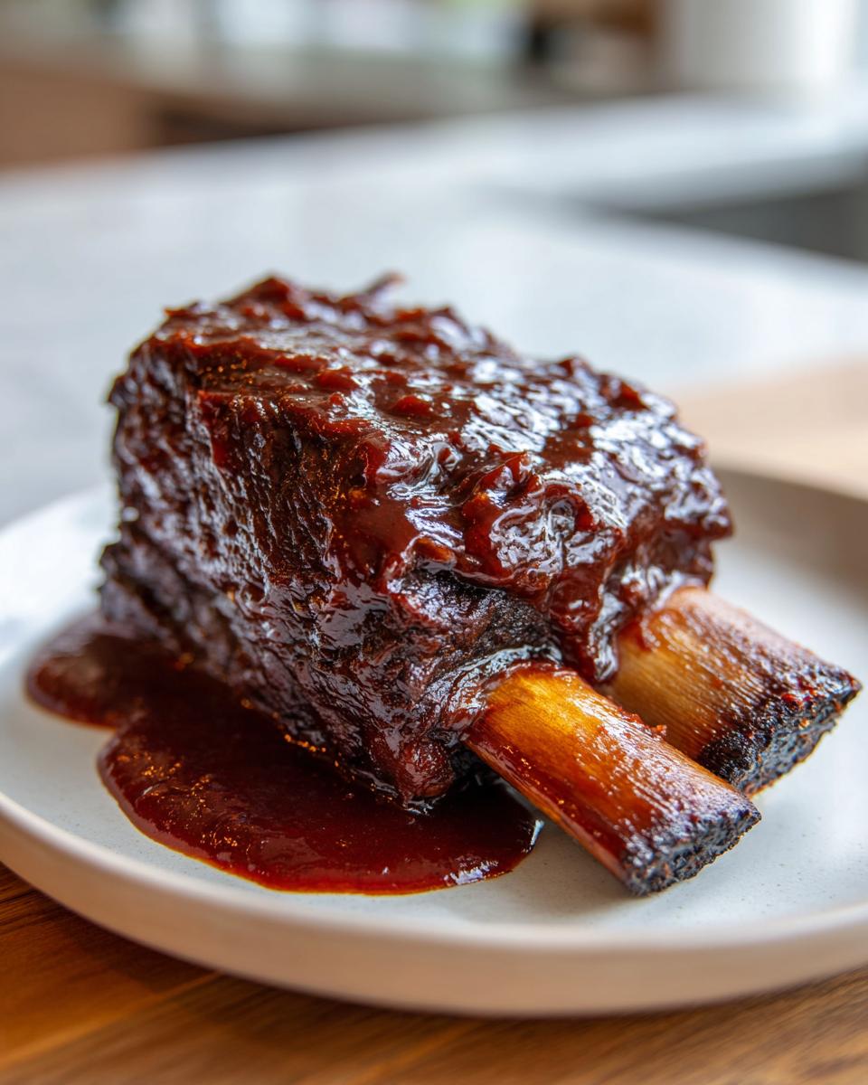 Close-up of tender Slow-Roasted Rhubarb Short Ribs covered in a thick, dark glaze sauce on a white plate.