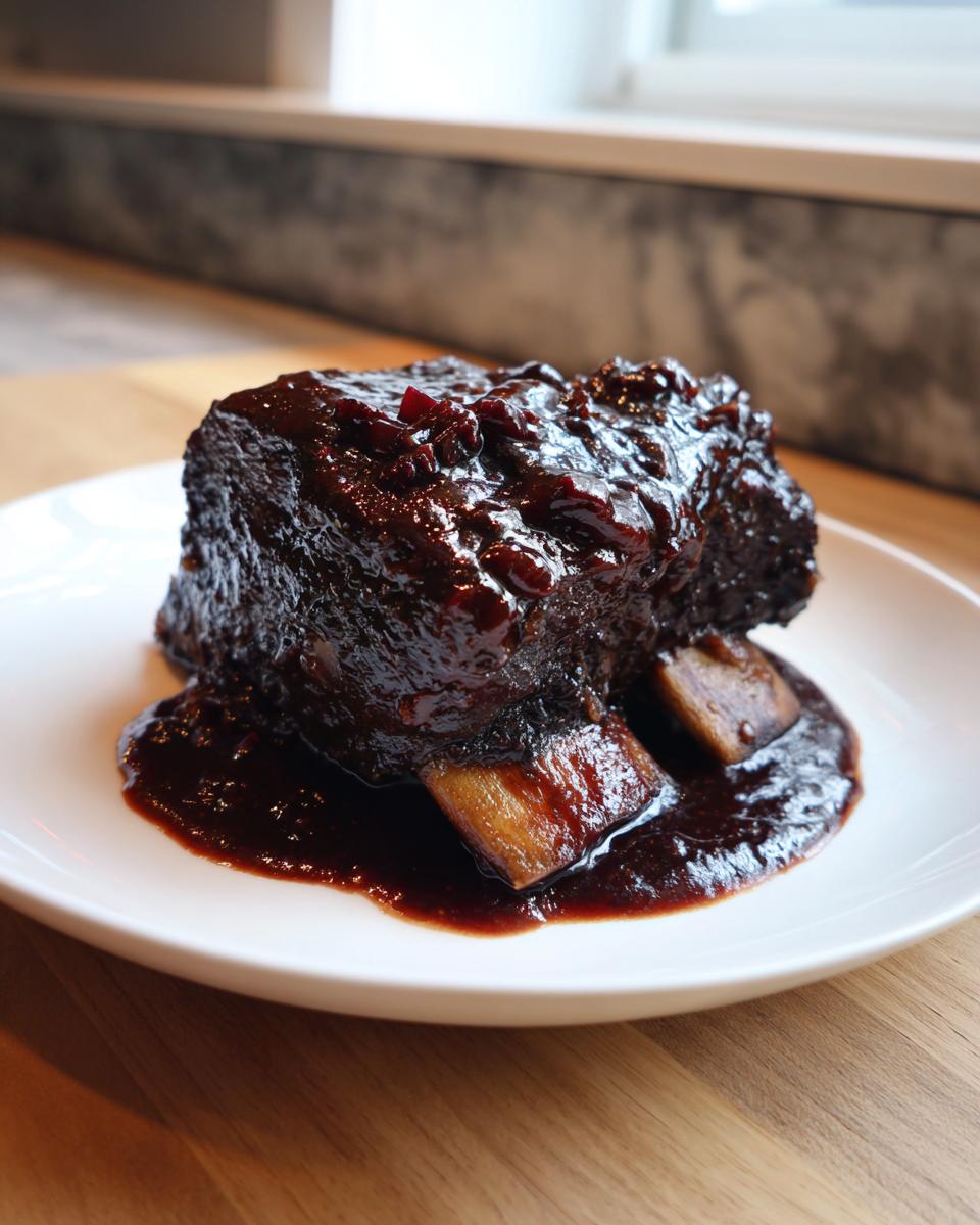 A single, large portion of Slow-Roasted Rhubarb Short Ribs coated in a thick, dark, glossy sauce, served on a white plate.