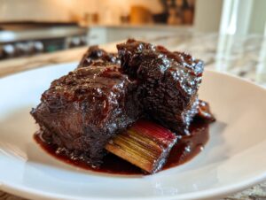 Close-up of tender Slow-Roasted Rhubarb Short Ribs coated in a rich, dark glaze, resting on a piece of rhubarb.