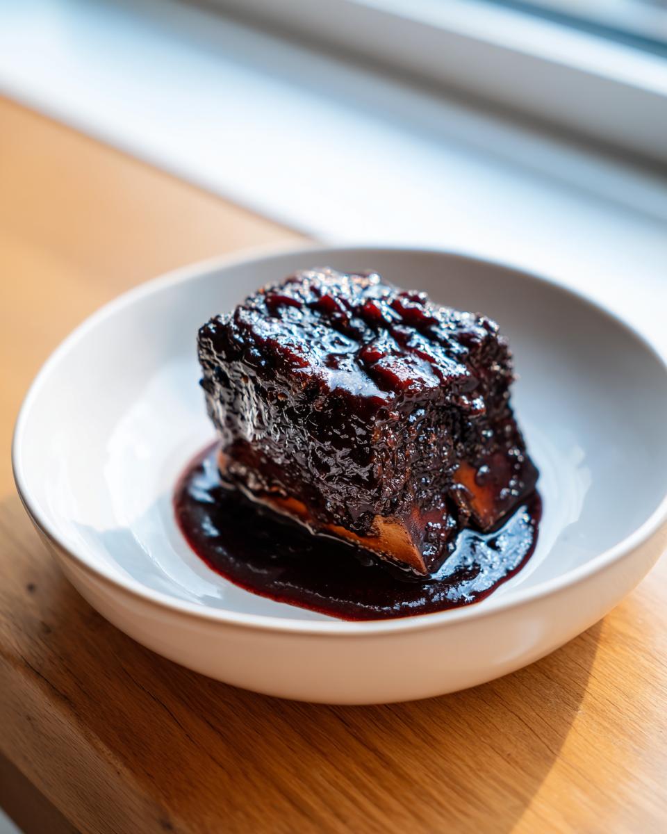 A single portion of Slow-Roasted Rhubarb Short Ribs covered in a dark, rich glaze, served in a white bowl.