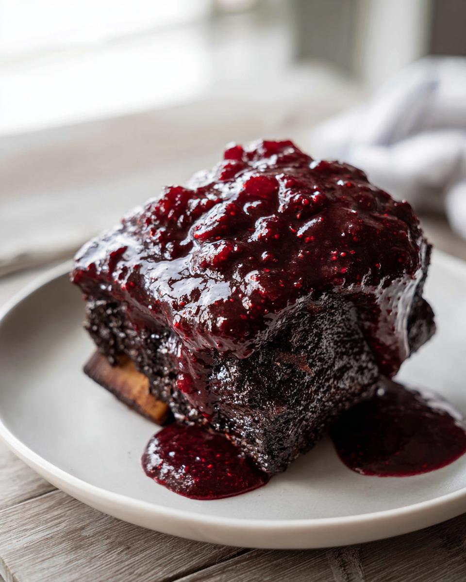 A single, dark, tender piece of Slow-Roasted Rhubarb Short Ribs generously topped with a thick, glossy, deep red fruit glaze.