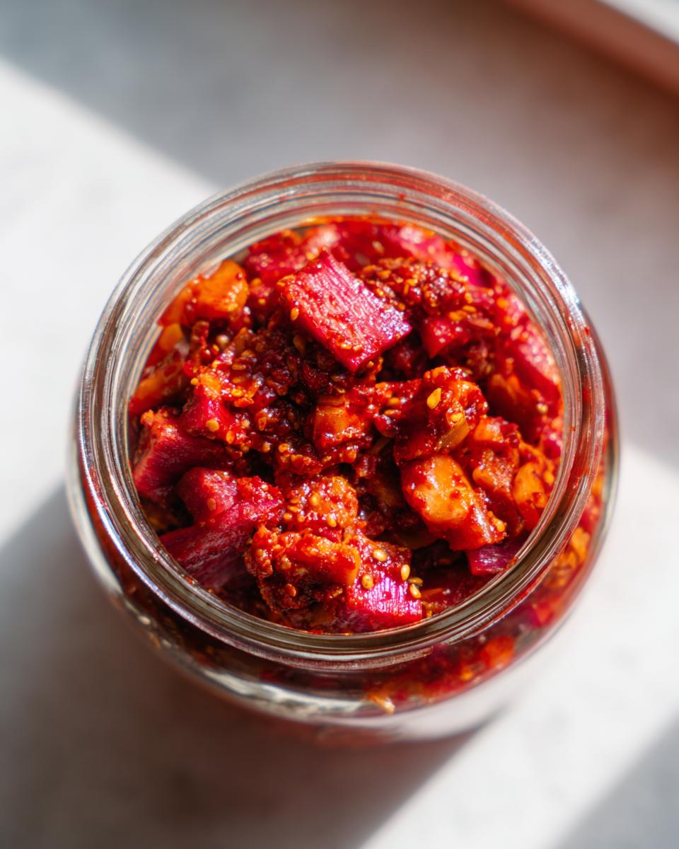 Overhead close-up of bright red Small-Batch Rhubarb Kimchi packed tightly in a clear glass jar.
