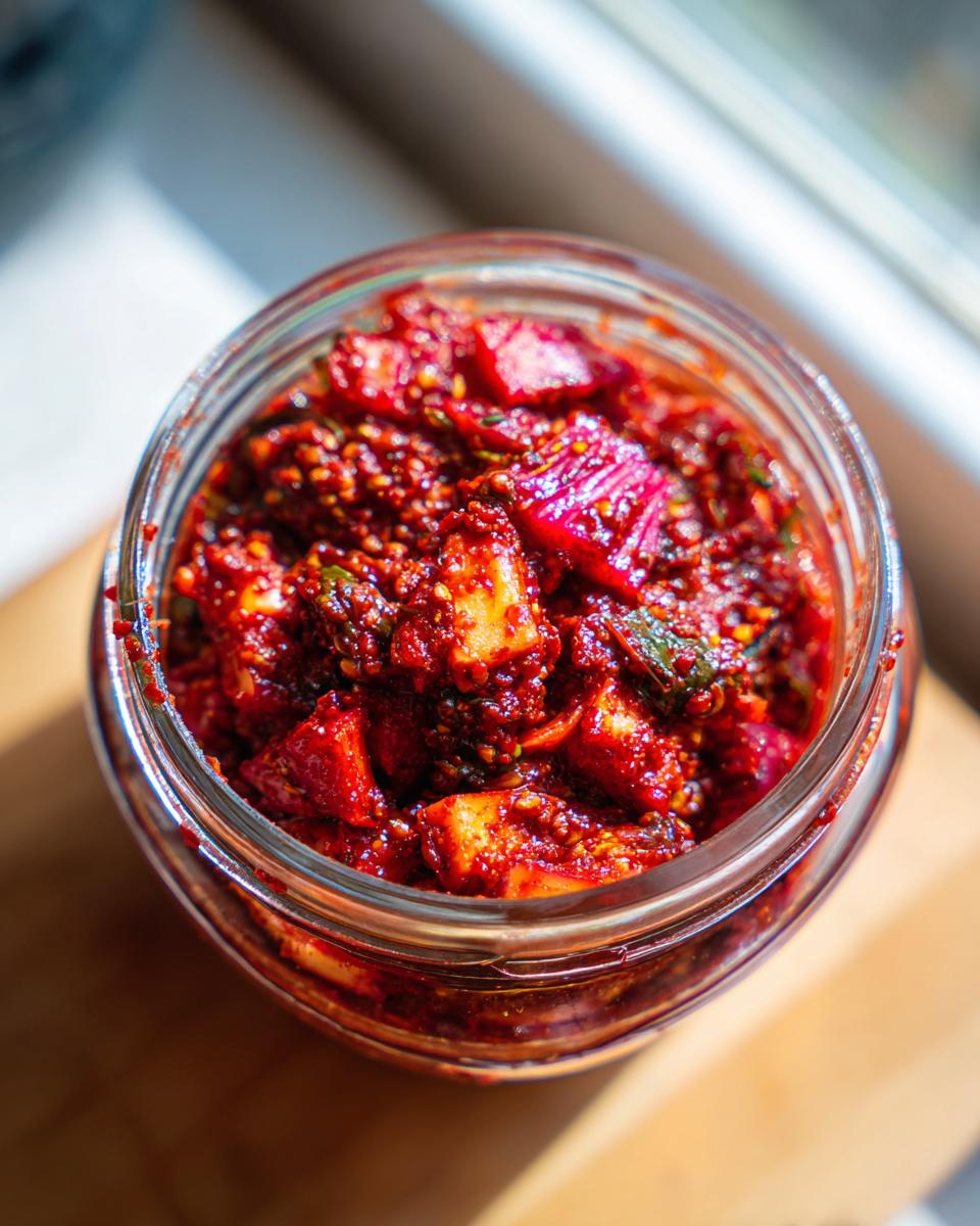 Overhead view of bright red Small-Batch Rhubarb Kimchi packed tightly in a clear glass jar.