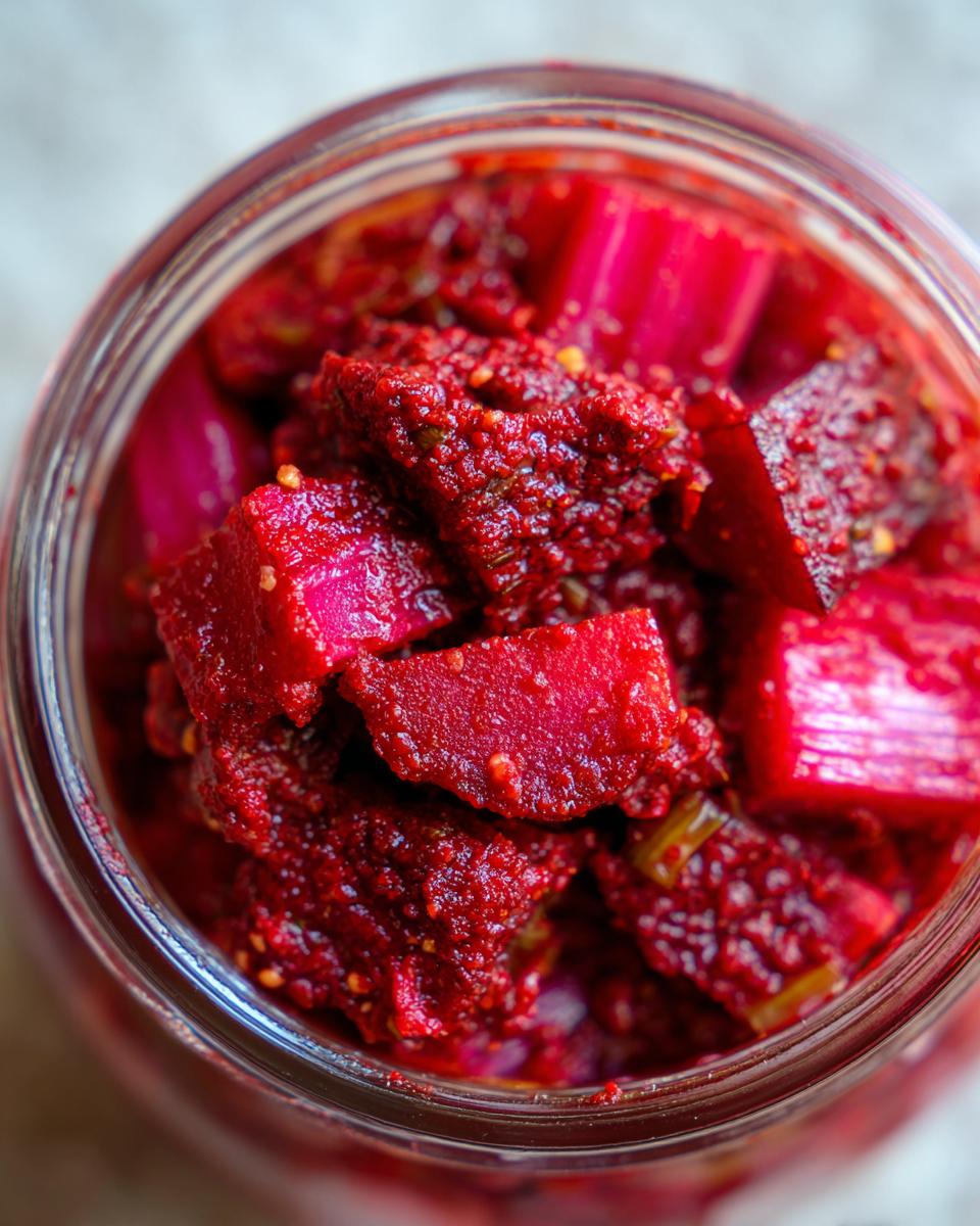 Close-up overhead view of bright magenta Small-Batch Rhubarb Kimchi packed tightly in a clear glass jar.
