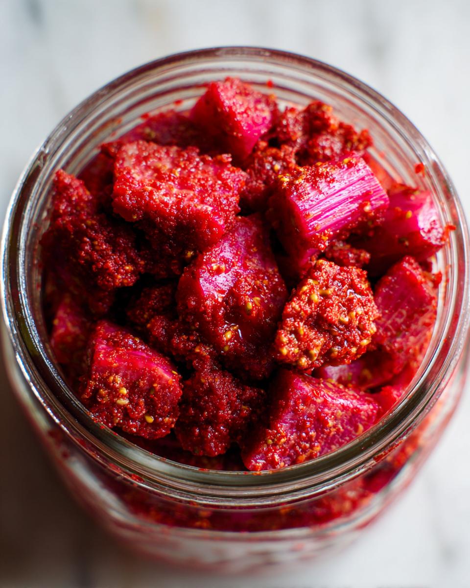 Overhead close-up of bright red, cubed rhubarb coated in seasoning for Small-Batch Rhubarb Kimchi inside a clear glass jar.
