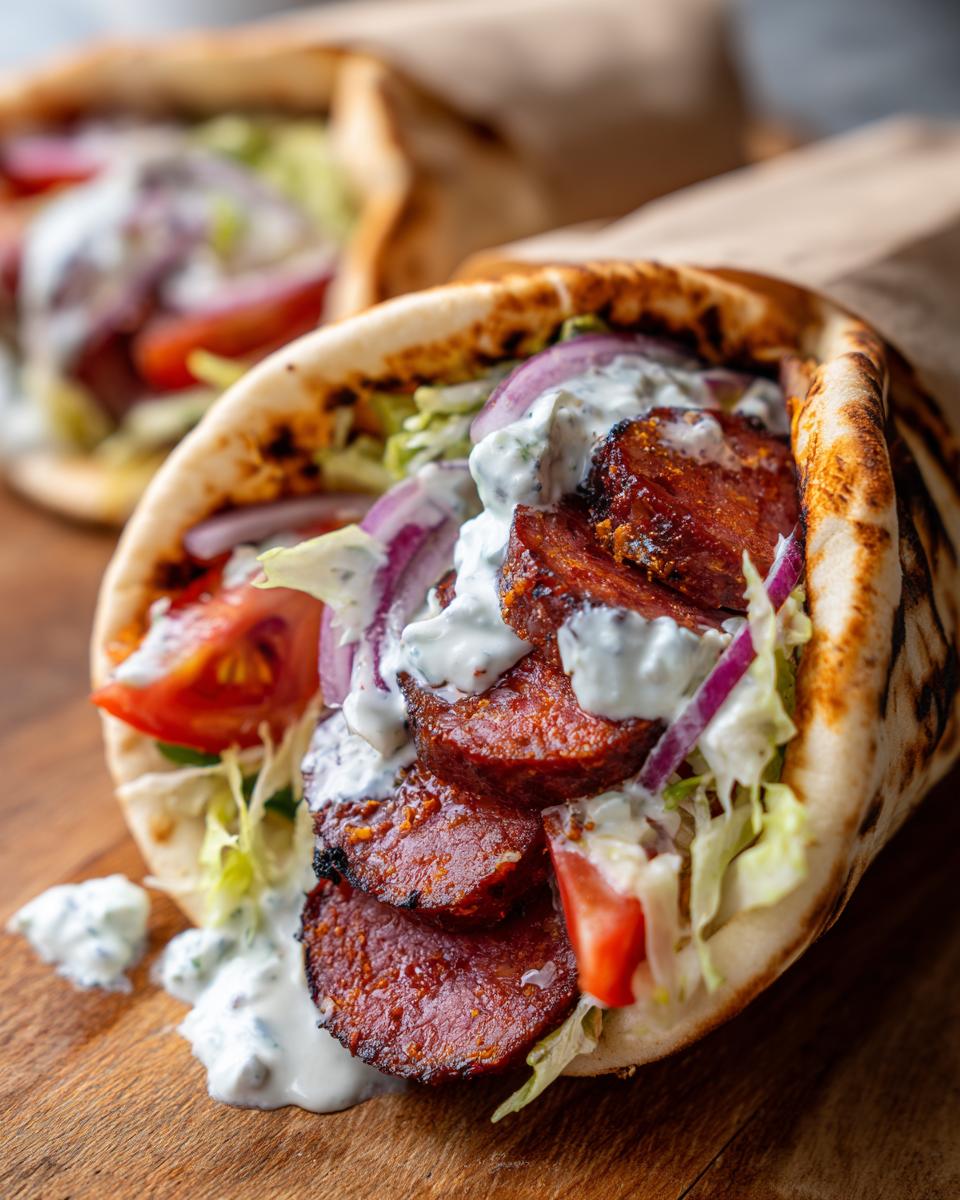 A close-up of a delicious smoked andouille sausage gyros stuffed with lettuce, tomato, red onion, and drizzled with white sauce.