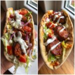 Two close-up views of smoked andouille sausage gyros stuffed in pita bread with lettuce, tomato, onion, and white sauce.