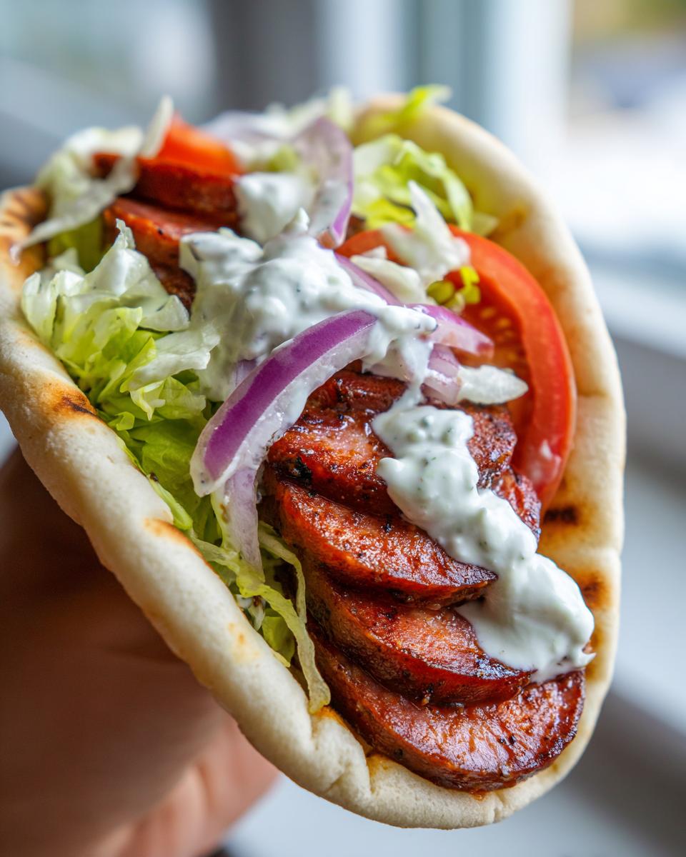 A close-up of a delicious smoked andouille sausage gyros stuffed into a warm pita bread with lettuce, tomato, onion, and tzatziki sauce.