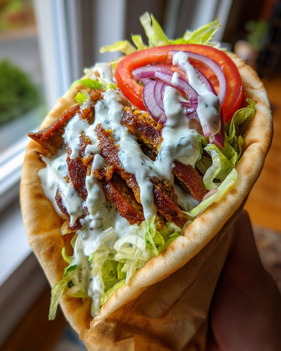 A close-up of a delicious smoked andouille sausage gyros stuffed in a pita with lettuce, tomato, onion, and tzatziki sauce.