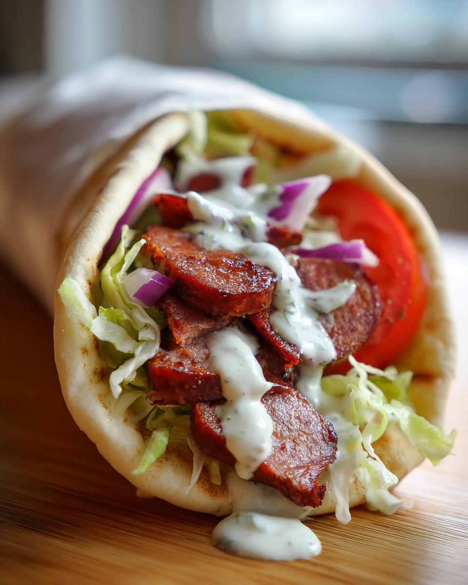 Close-up of a delicious smoked andouille sausage gyros wrapped in pita bread with lettuce, tomato, onion, and tzatziki sauce.