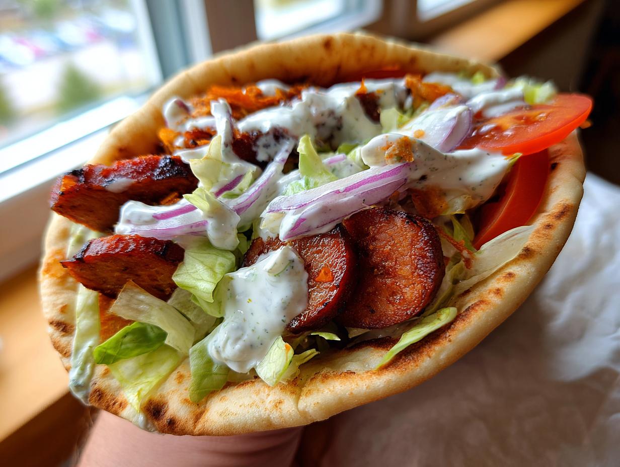 A handheld, open pita bread filled with slices of smoked andouille sausage, lettuce, red onion, tomato, and drizzled with white sauce.