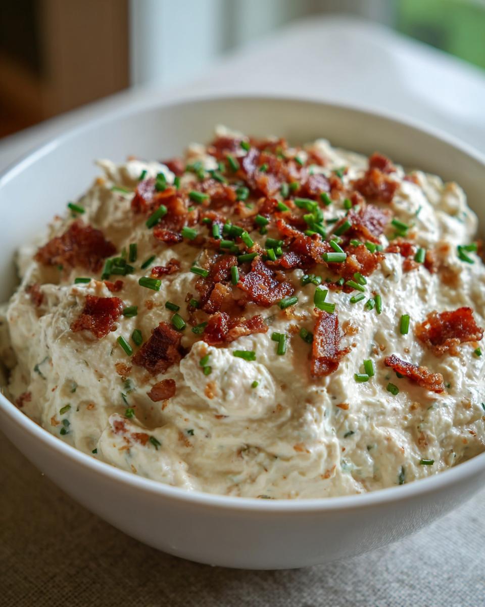 A close-up of a creamy smoked cream cheese dip topped generously with crumbled bacon and chopped chives.