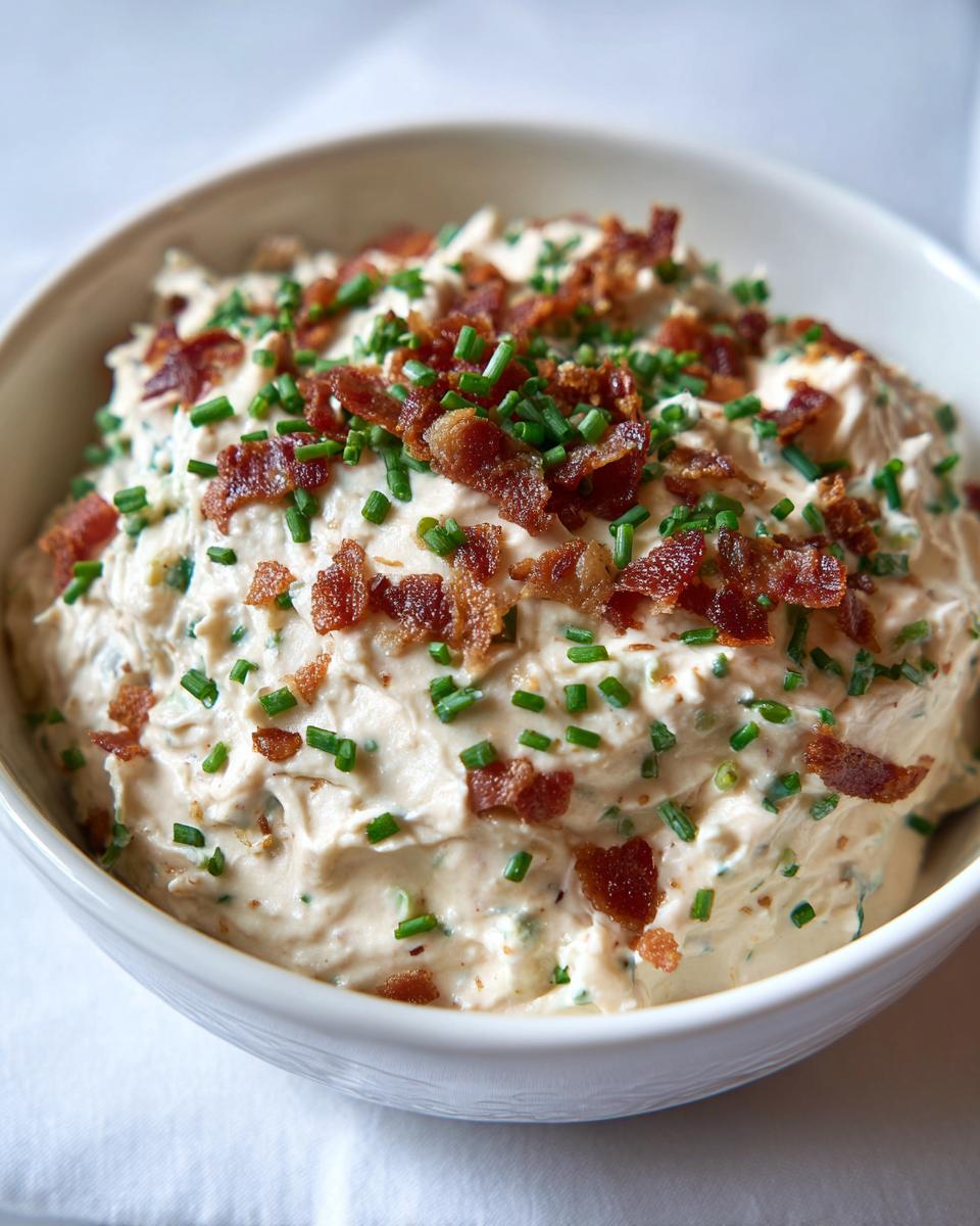 A close-up of a bowl filled with creamy smoked cream cheese dip, garnished generously with crumbled bacon and fresh chives.
