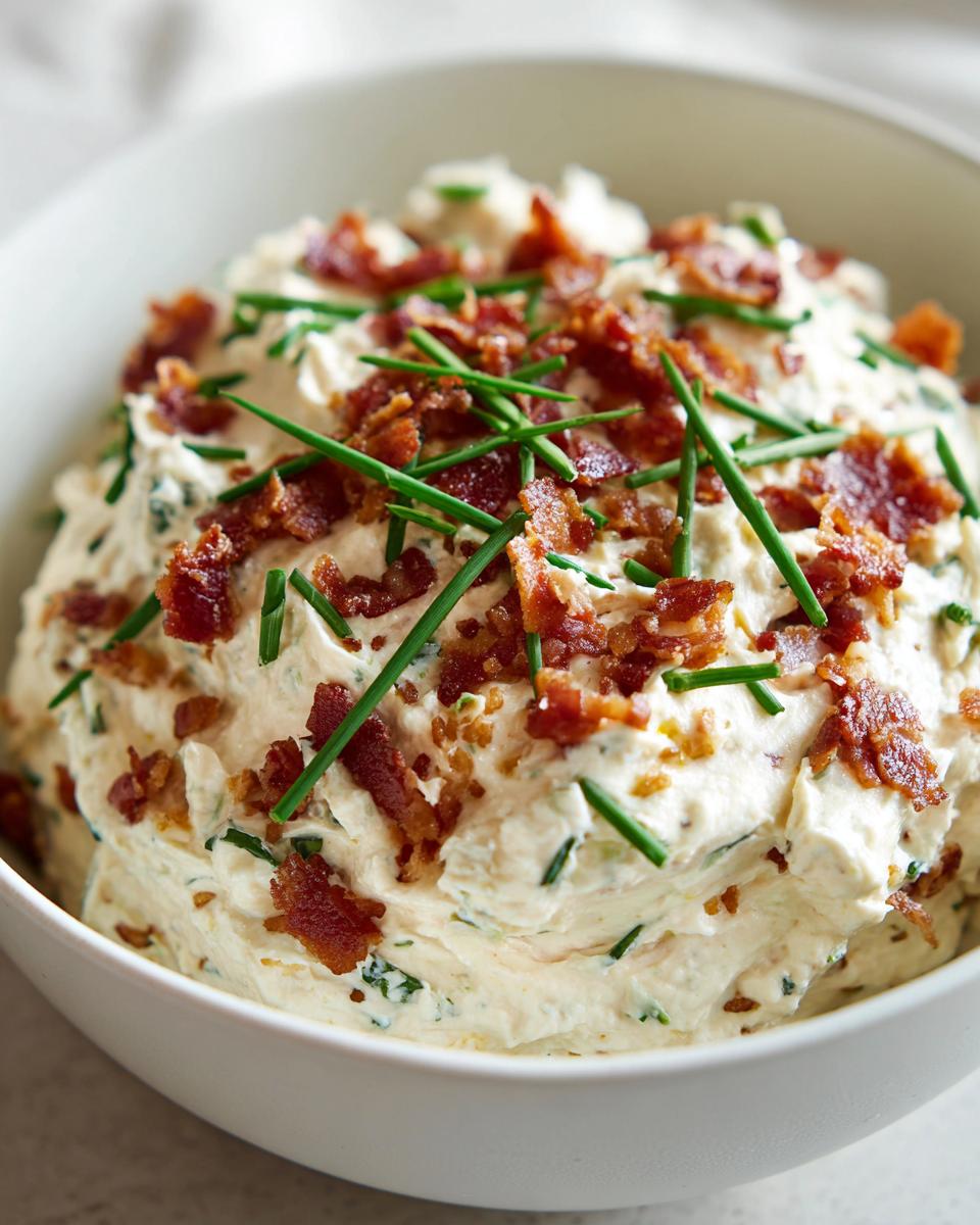 Close-up of a bowl filled with creamy smoked cream cheese dip, garnished generously with crumbled bacon and fresh chives.