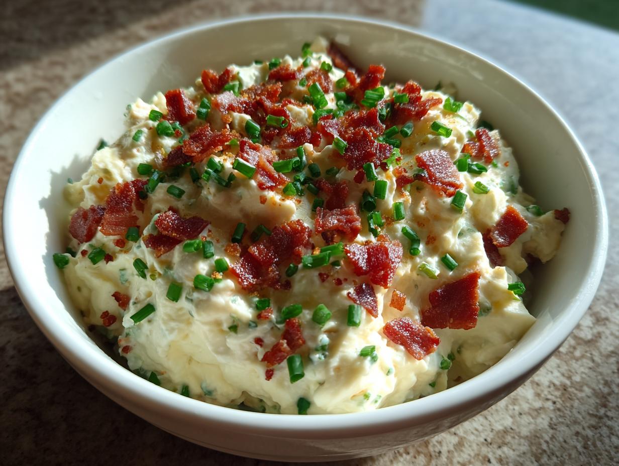 A bowl of creamy smoked cream cheese dip generously topped with crispy bacon bits and fresh chives.